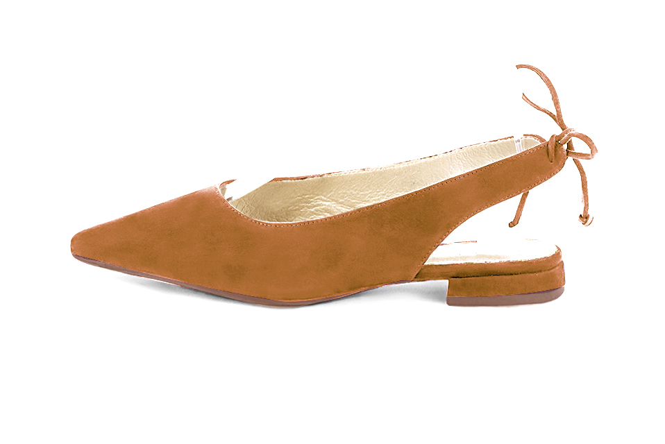 Women's camel beige elegant slingback heels. Pointed toe. Flat flare heels - Profile view